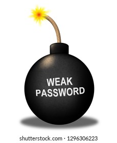 Weak Password Bomb Shows Online Vulnerability And Internet Threat. Risk Of Cybersecurity Breach - 3d Illustration