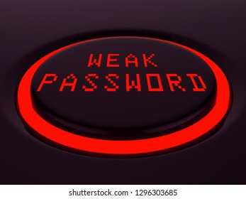 Weak Password Button Shows Online Vulnerability And Internet Threat. Risk Of Cybersecurity Breach - 3d Illustration