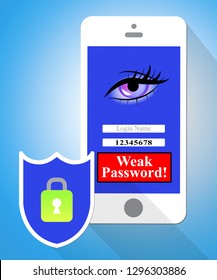 Weak Password Mobile Phone Shows Online Vulnerability And Internet Threat. Risk Of Cybersecurity Breach - 3d Illustration