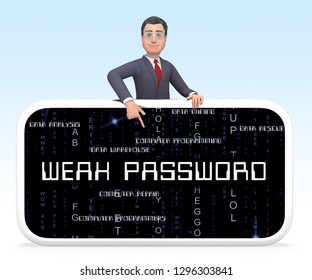 Weak Password Smartphone Shows Online Vulnerability And Internet Threat. Risk Of Cybersecurity Breach - 3d Illustration