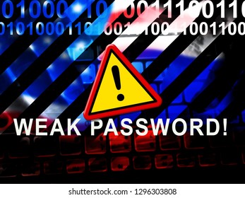 Weak Password Warning Shows Online Vulnerability And Internet Threat. Risk Of Cybersecurity Breach - 3d Illustration