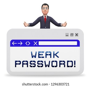 Weak Password Webpage Shows Online Vulnerability And Internet Threat. Risk Of Cybersecurity Breach - 3d Illustration