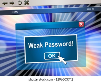 Weak Password Webpage Shows Online Vulnerability And Internet Threat. Risk Of Cybersecurity Breach - 3d Illustration