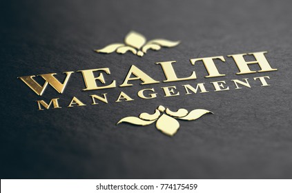 Wealth management phrase embossed design with golden foil over black paper background. 3D illustration. Financial advisory Concept