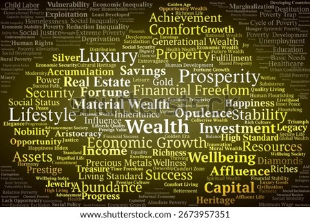 Wealth And Poverty Word Cloud. Composition Of Words Related To Prosperity, Luxury, Inequality, Poverty, Hardship, Welfare, And Human Development In Socioeconomic Dynamics.