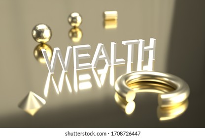 Wealth text on shiny surface with golden objects 3D rendering.
