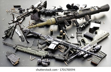 Weapons Stash Of Military Grade Weapons With Automatic Assault Rifles   , RPG And Accessories. 3d Rendering