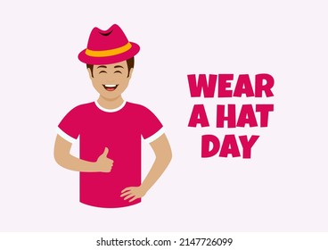 Wear A Hat Day illustration. Awareness for brain-tumor research. Smiling man in a pink hat icon. Happy guy with thumb up cartoon. Brain Tumour Awareness Month. Important day - Powered by Shutterstock