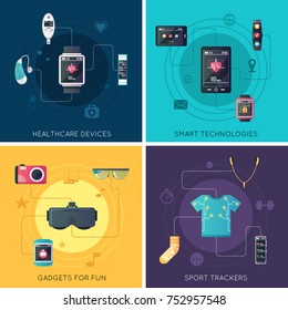Wearable tech gadgets 4 flat icons square  design with augmented reality glasses and fitness tracker isolated  illustration 