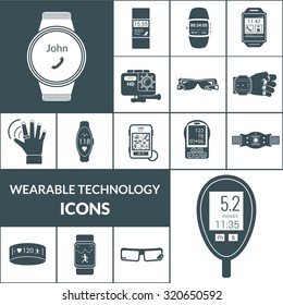 Wearable technologies icons black set with smart portable electronic isolated  illustration