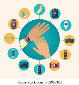 Wearable technology electronic products flat circle icons composition poster with wristwatch and fitness tracker smart gadgets  illustration  