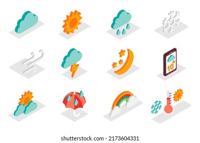 Weather Forecast Concept 3d Isometric Icons Set. Pack Isometry Elements Of Cloud, Sun, Rain, Snowflake, Wind, Lightning, Moon, Star, Umbrella And Other. Illustration For Modern Web Design