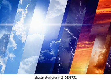 Weather forecast concept background - variety weather conditions, bright sun and blue sky; dark stormy sky with lightnings; sunset and night