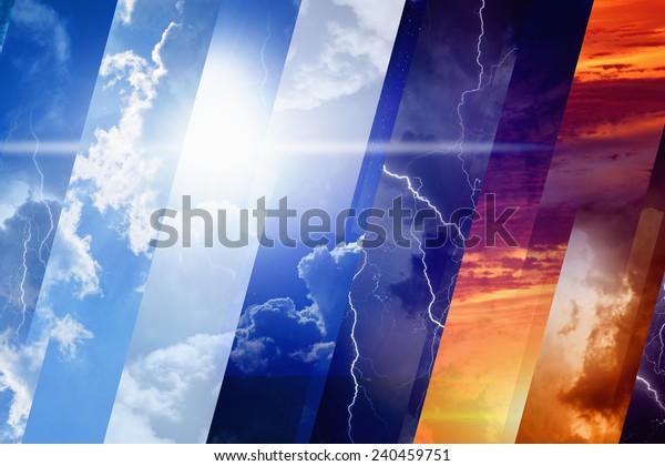 Weather forecast concept background - variety\
weather conditions, bright sun and blue sky; dark stormy sky with\
lightnings; sunset and\
night