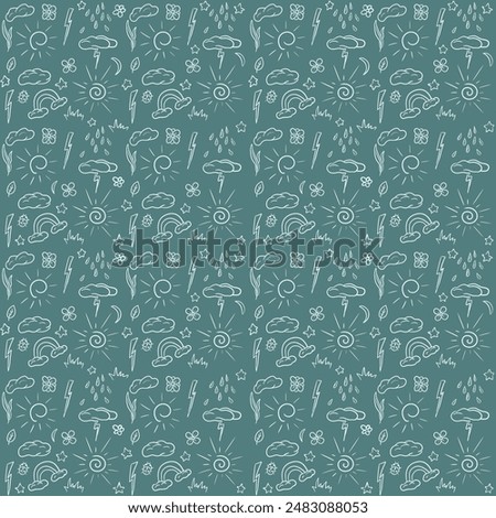 Weather forecast seamless pattern sun wind rain rainbow thunder drops background