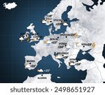 Weather forecast shown on map of Europe. illustration with city names, temperature data and weather condition icons