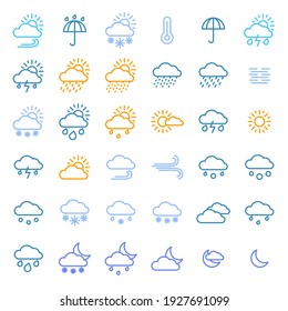 Weather Forecast Signs Color Thin Line Icon Set Include Of Sun, Temperature, Storm, Cloud, Rain, Snow, Thunderstorm And Wind. Illustration