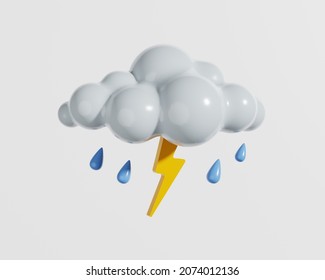 Weather Icon Cloud, Rain And Lightning Isolated On White Background. 3d Rendering