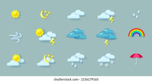 Wettersymbole gesetzt. Sonne, Halbmond, Wolken, Regen, Gewitter, Wind, Schneefall, Regenbogen. Realistische 3D-Objekte mit Schatten