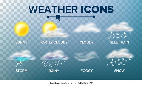 Weather Icons Set. Sunny, Cloudy Storm, Rainy, Snow, Foggy. Good For Web, Mobile App. 