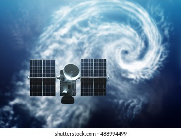 Weather Satellite Orbiting Earth. Below A Tropical Storm Hurricane Is Forming  - 3D Illustration.