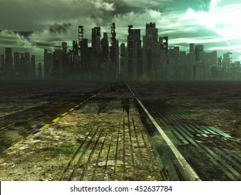 Weathered Road Leads Into Abandoned City 3D Render