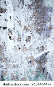 Weathered urban wall texture with rustic vintage look in faded whites, greys, purples. 90s, grunge style, distressed patterns. Backgrounds, digital art, industrial design, grunge aesthetics.