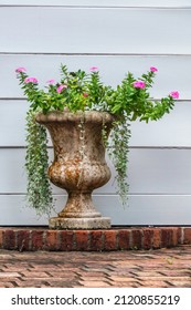 Weathered urn vase, with magenta flowers and drooping vines of foliage plant, on riser of brick terrace by exterior white wall in garden. Digital oil-painting effect, 3D rendering.