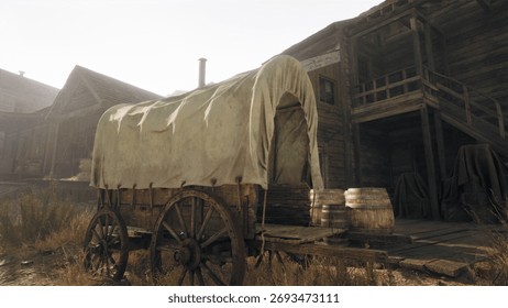A weathered wagon sits under the sun in a ghost town. Nearby, wooden barrels rest against an old wooden structure, revealing the history of a once bustling settlement.