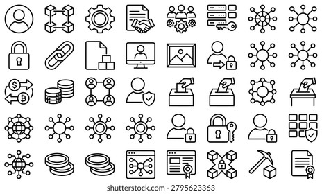 Web 3.0 and decentralized internet technology linear graphic. Clean black outline vector illustration of peer to peer networks, smart protocol tokens, and semantic web isolated on white background.