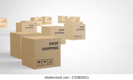 web banner 3d render of boxed with dropshipping text on it. Modern online sales model. Supplier warehouse.