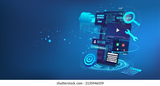 Web banner - Development of a website and applications for mobile phones. Coding and design UI, UX KIT. Coding, programming apps for smartphones and mobile devices. Testing website, software