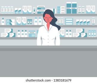 Web banner of a pharmacist. Young woman in the workplace in a pharmacy: standing in front of shelves with medicines. Flat and funky style. Raster