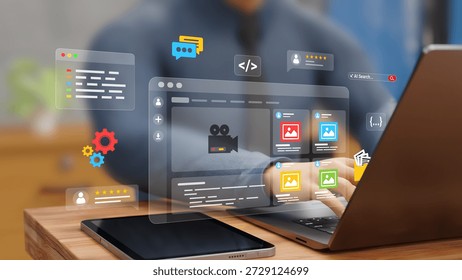 Web Design and App Development Concept. UX-UI Design, User Experience, Modern Interface Designing, Creative Planning and Data Visualization. Web Developer Working on Website on a Laptop. 3D