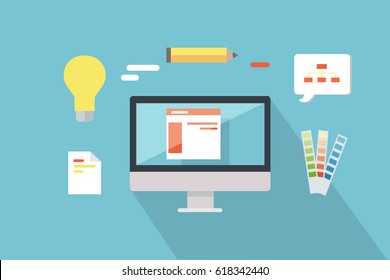 Web Design Conceptual . Flat Style. Set Of Instruments For Visual Design. Monitor, Color Guide Carts, Pencil, Bulb Illustrations. Creative Icons For Designing Process. Color Matching