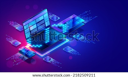 Web design isometric concept. Website development of all platforms. Optimization layout website on laptop, phone, tablet. Creation layout responsive Internet page. Web script coding and programming.