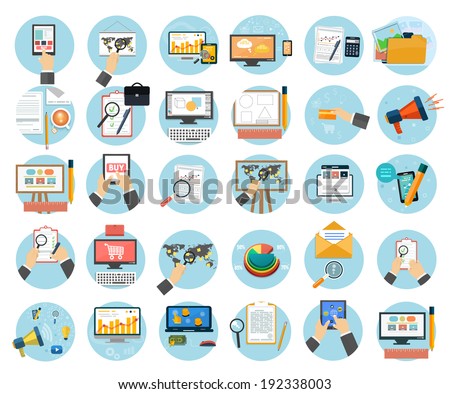Web design objects, business, office and marketing items icons. Raster version