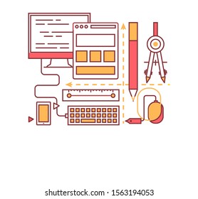 Web design raster banner with development tools illustration of computer s monitor keyboard and phone pencil calculator for project planning