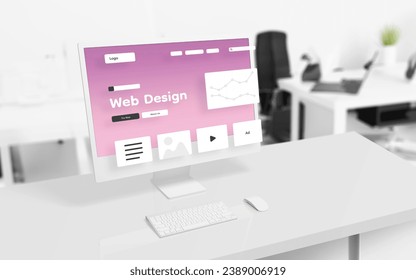 Web design studio page layout elements hover in front of a modern computer display. Studio office digital workspace in background
