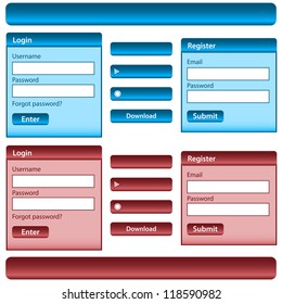 Web design template inc elements with login and register modules, buttons and menu bars in blue and red. Isolated on white.