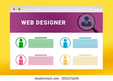 Web Designer Logo In Header Of Site. Web Designer Text On Job Search Site. Online With Web Designer Resume. Jobs In Browser Window. Internet Job Search Concept. Employee Recruiting Metaphor