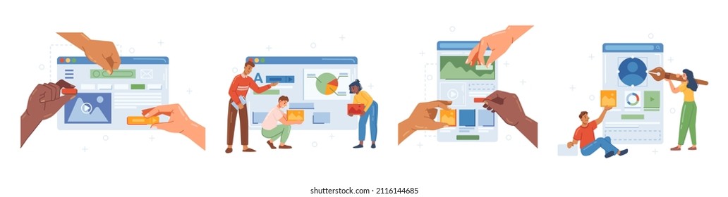 Web Designers Making Interface Of Website Page. Team Working On Widgets Of Social Media, Application For Desktop Ot Smartphone. UX And UI Usability And Navigation. Editing And Functionality Of Sites