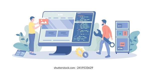 Web Development Coding Programming responsive layout internet site or app of devices. Project engineer creating script, programming software. Raster illustration with character situation for web