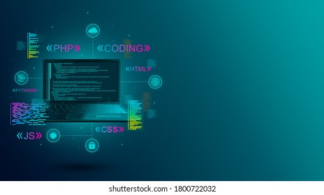 Web development, coding and programming of a site or application. Digital laptop software. Program code on a laptop. Software development, web coding on laptop. Programming languages. Landing page