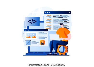 Web Development Concept With People Scene In Flat Cartoon Design. Man Is Programming Computer Languages, Creating, Testing And Optimizing Website At Laptop. Illustration Visual Story For Web