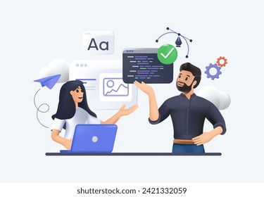 Web development creating mobile web page. Programmers making website, female and male developers working on software. Man generating idea, woman making interface 3D illustration