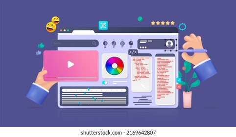 Web Development Design UI, UX, App, Website, Dashboard. 3D Cartoon Illustration With UI Elements, Graphic Design, Visualization And Customization With Coding. Web Design And Software Development