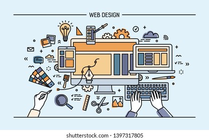 Web development, line art banner. site with responsive design. colorful flat illustration - Powered by Shutterstock