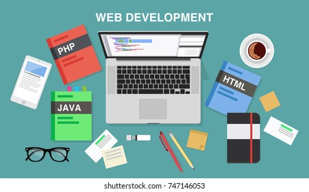 Web development, top view of a desk with a computer, notepad, programming books, coffee cup, smartphone, pens and pencils. Illustration in flat style, template for business