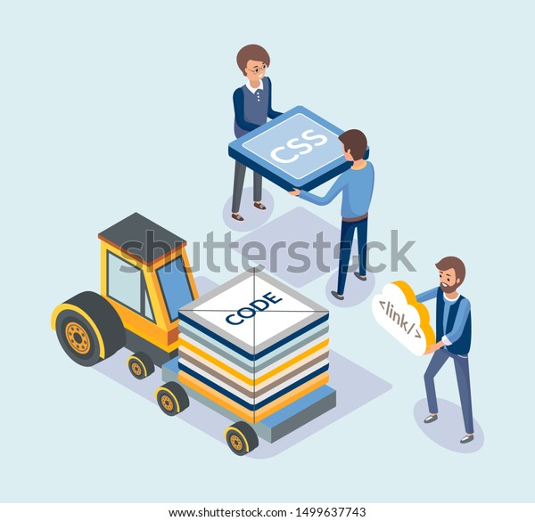 Web development and transport, coding\
concept raster. People loading vehicle with codes and css language\
scripts. Optimization and improvement\
sites